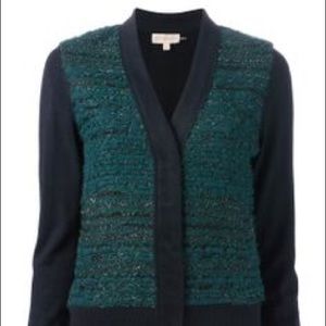 Tory Burch navy and green tweed cardigan